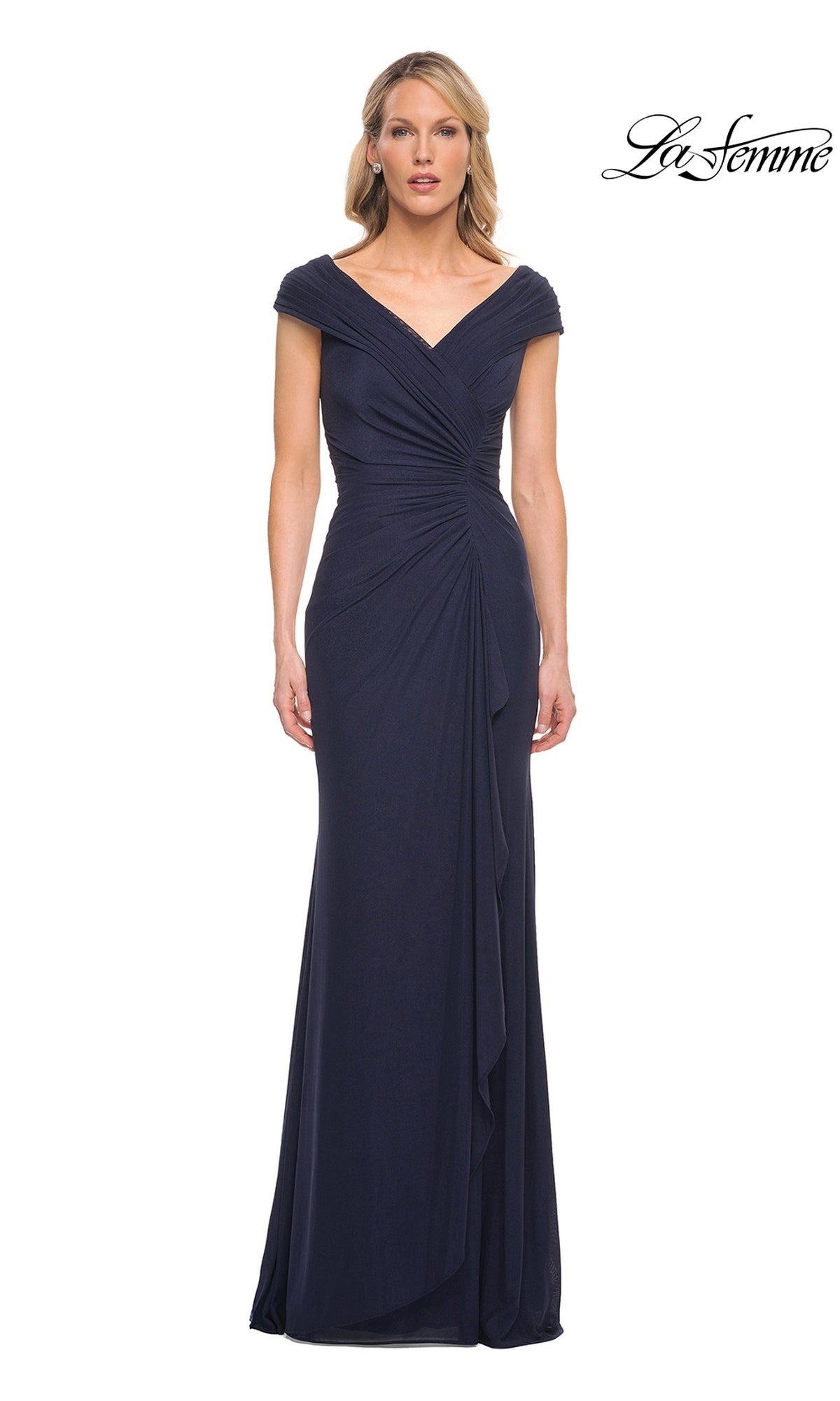 Long Formal Dress: La Femme 29996, a navy floor-length ruffled evening gown with a V-neck, cap sleeves, and a draped bodice.